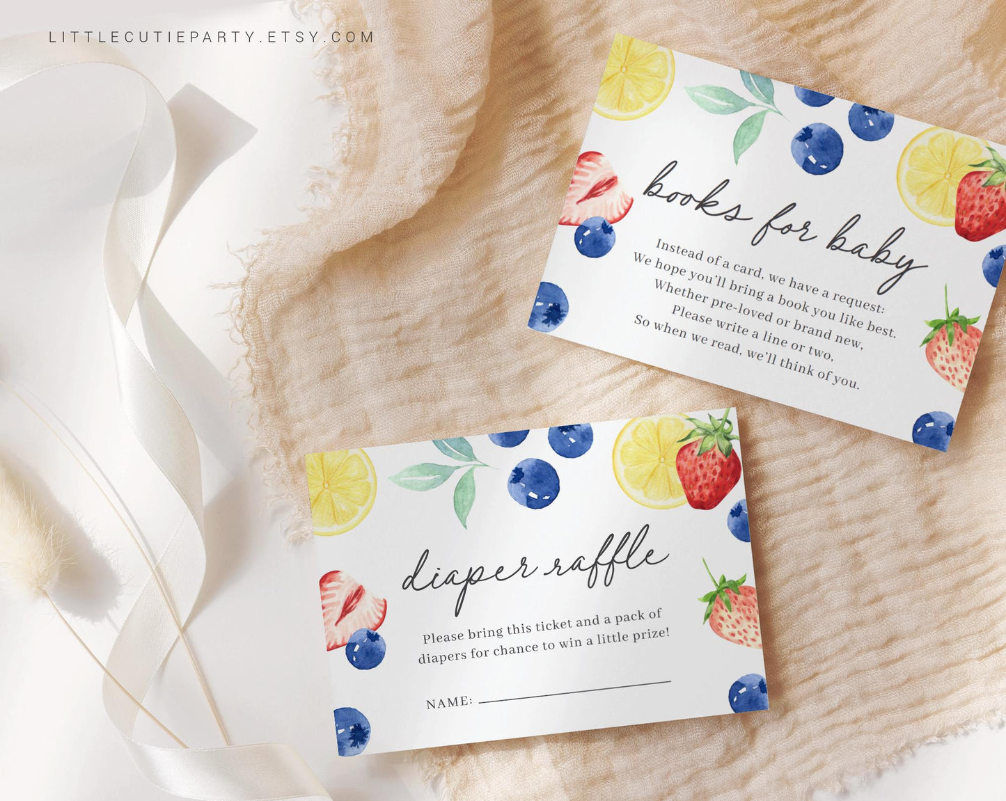 Editable Blueberry Lemon Strawberry Baby Shower Invitation, Berry Sweet Baby Shower with Diaper Raffle, Books for Baby and Tag BLEMBS002
