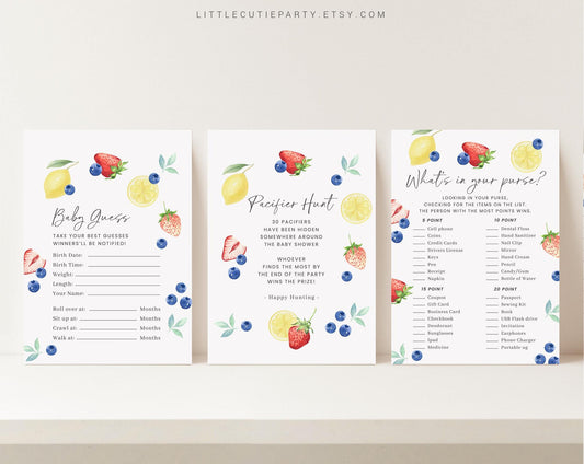10 Editable Blueberry Lemon Strawberry Baby Shower Games, Gender Neutral Baby Shower Games Bundle, Blueberry Lemon Strawberry Game BLEMBS002