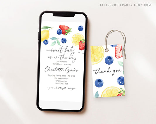 Editable Blueberry Lemon Strawberry Baby Shower Invite, Berry Sweet Shower Evite, Digital Invitation, Gender Neutral Baby Shower BLEMBS002