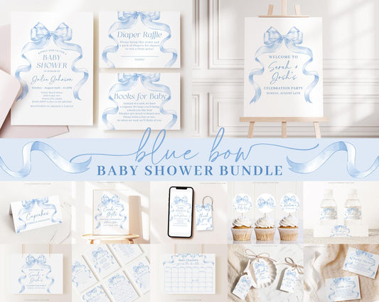 Editable Blue Bow Baby Shower Invitation Bundle, Blue Ribbon Baby Shower Bundle Set with Games Bundle and Boy Baby Shower Decor BBWBS001