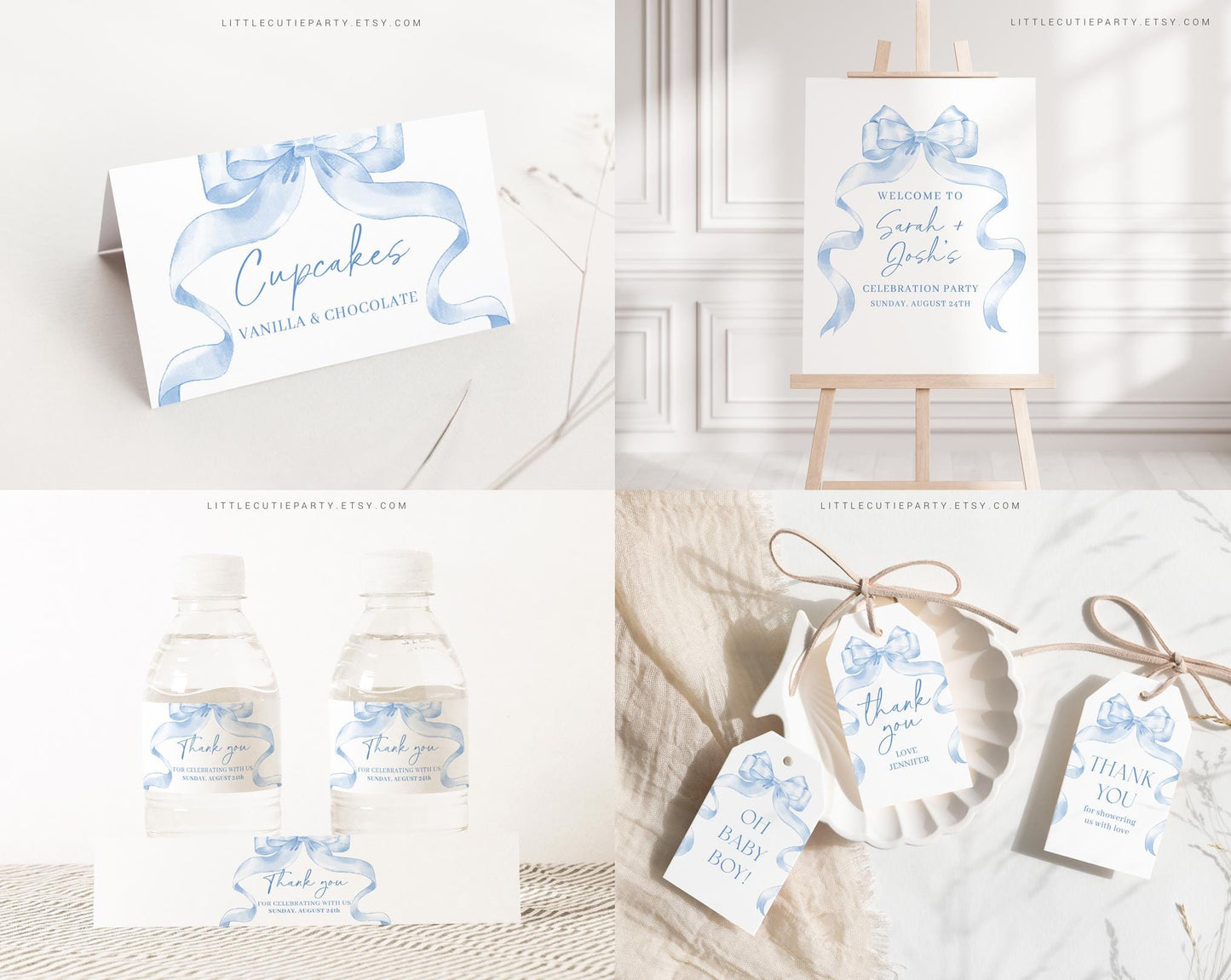 Editable Blue Bow Baby Shower Invitation Bundle, Blue Ribbon Baby Shower Bundle Set with Games Bundle and Boy Baby Shower Decor BBWBS001