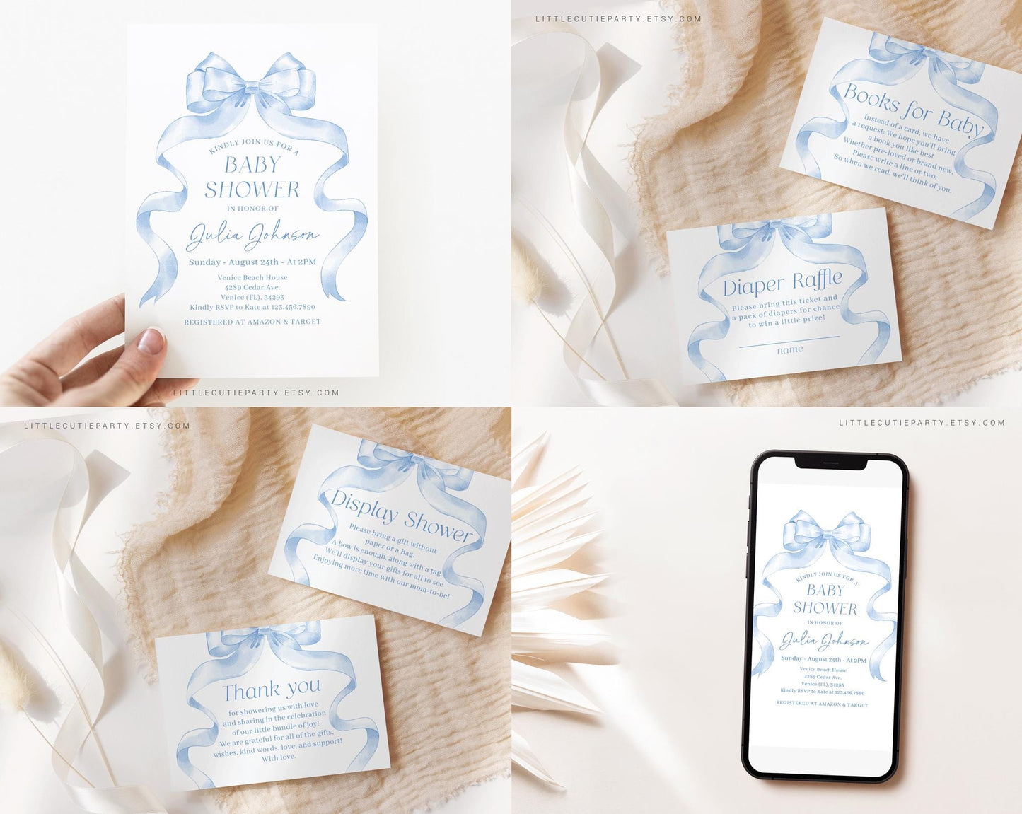 Editable Blue Bow Baby Shower Invitation Bundle, Blue Ribbon Baby Shower Bundle Set with Games Bundle and Boy Baby Shower Decor BBWBS001