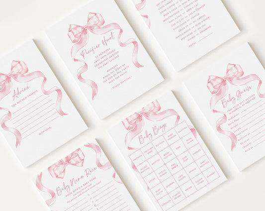 10 Editable Pink Bow Baby Shower Games, Pink Ribbon Baby Shower Games Bundle, Baby Girl Baby Shower Party Games PBWBS001