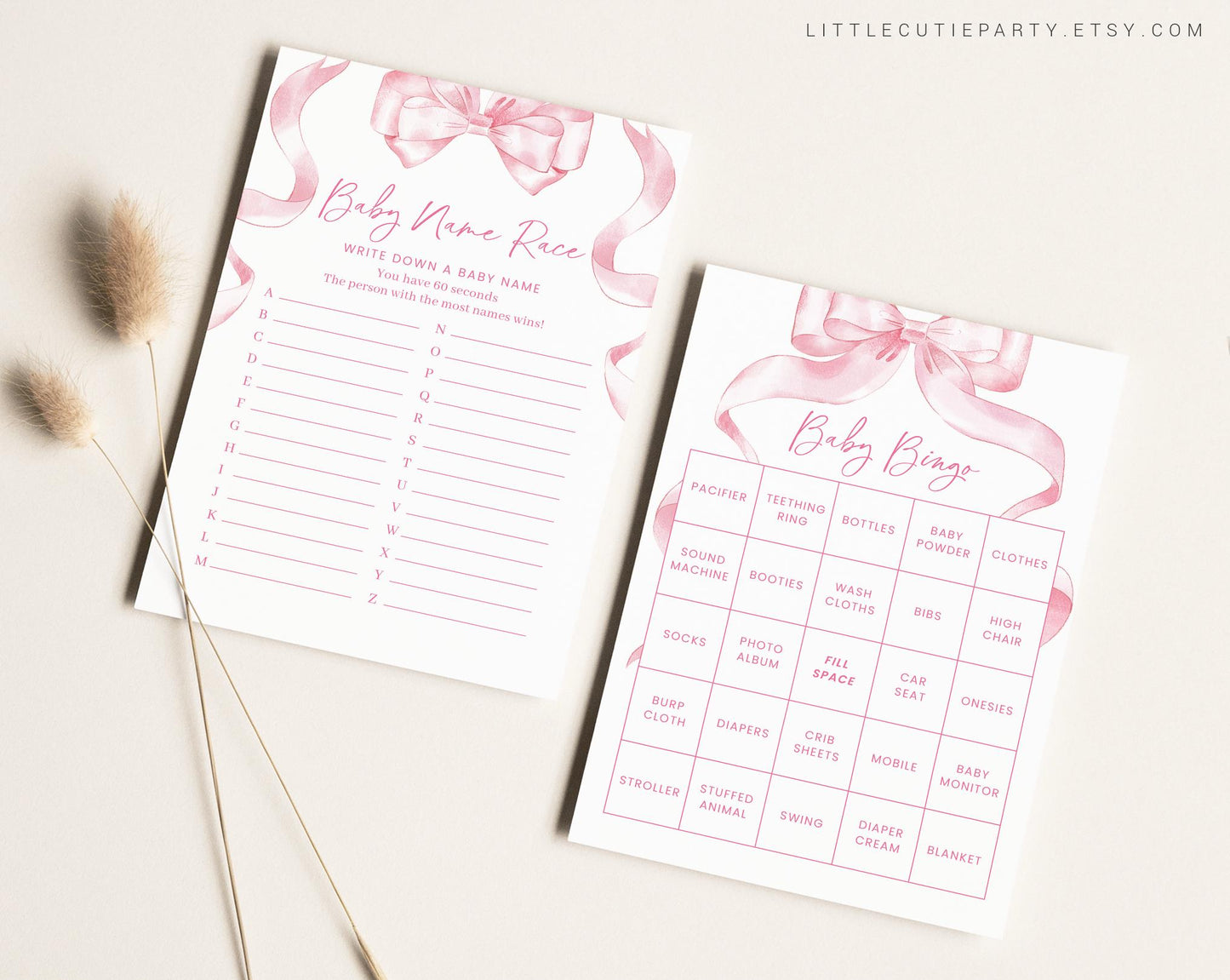 10 Editable Pink Bow Baby Shower Games, Pink Ribbon Baby Shower Games Bundle, Baby Girl Baby Shower Party Games PBWBS001