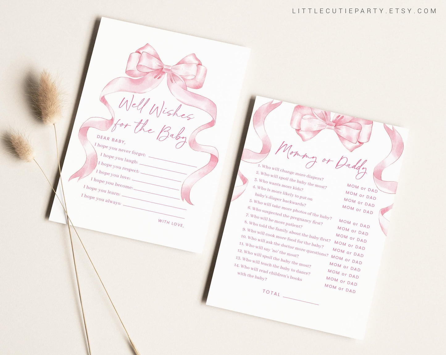 10 Editable Pink Bow Baby Shower Games, Pink Ribbon Baby Shower Games Bundle, Baby Girl Baby Shower Party Games PBWBS001