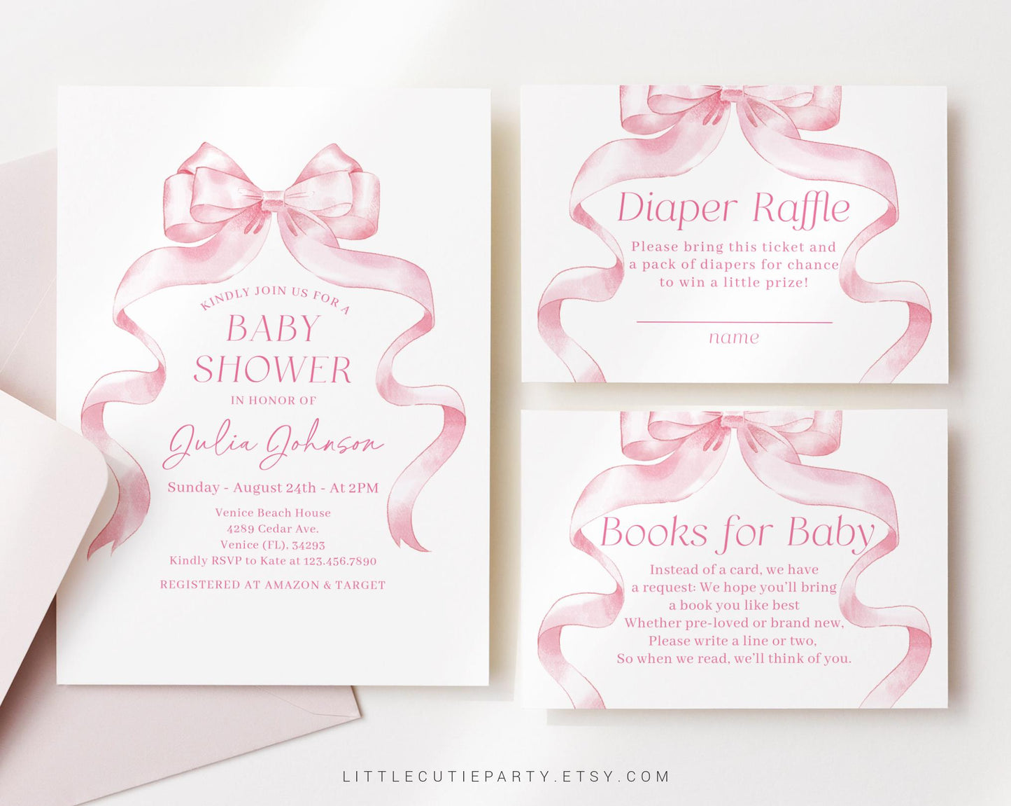 Editable Pink Bow Baby Shower Invitation, Pink Ribbon Baby Shower Invitation, with Diaper Raffle, Books for Baby and Tag PBWBS001