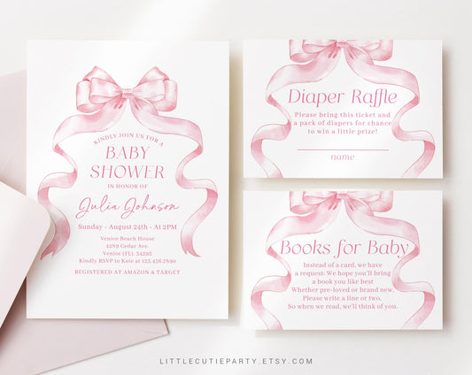 Editable Pink Bow Baby Shower Invitation, Pink Ribbon Baby Shower Invitation, with Diaper Raffle, Books for Baby and Tag PBWBS001