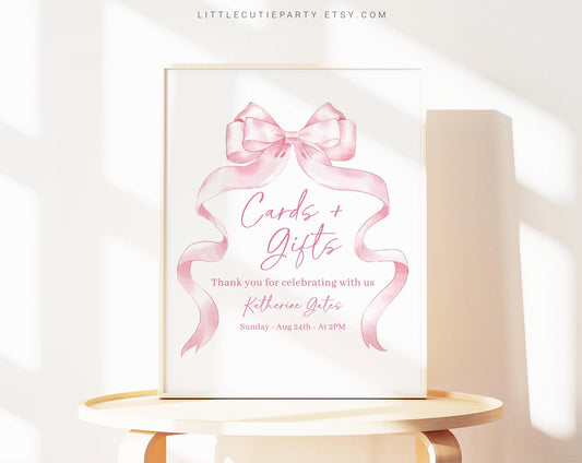 Editable Pink Bow Baby Shower Sign, Custom Sign Template for Baby Shower Party with Pink Ribbon Baby Shower Theme PBWBS001