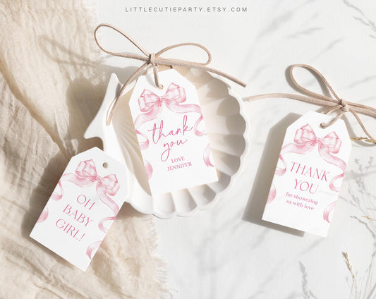 Editable Pink Bow Baby Shower Favor, Thank You Favor Tag, Thank you Tags, Gift Tag for Pink Ribbon Baby Shower Decorations PBWBS001
