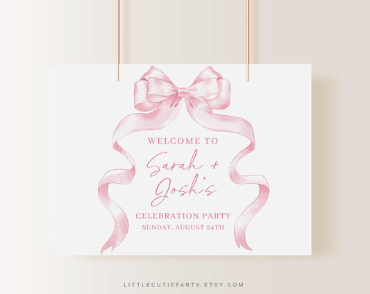 Editable Pink Ribbon Baby Shower Backdrop, Pink Bow Baby Shower Banner, Shower Sign for Baby Girl Banner Welcome Sign PBWBS001