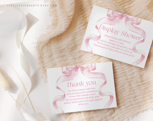 Editable Pink Bow Baby Shower Thank you Card, Pink Ribbon Baby Shower Display Card for Girl Baby Shower Decor PBWBS001