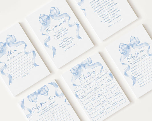 10 Editable Blue Bow Baby Shower Games, Blue Ribbon Baby Shower Games Bundle, Baby Boy Baby Shower Party Games BBWBS001