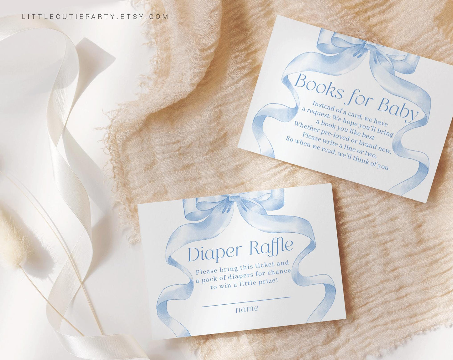 Editable Blue Bow Baby Shower Invitation, Blue Ribbon Baby Shower Invitation, with Diaper Raffle, Books for Baby and Tag Baby Boy BBWBS001