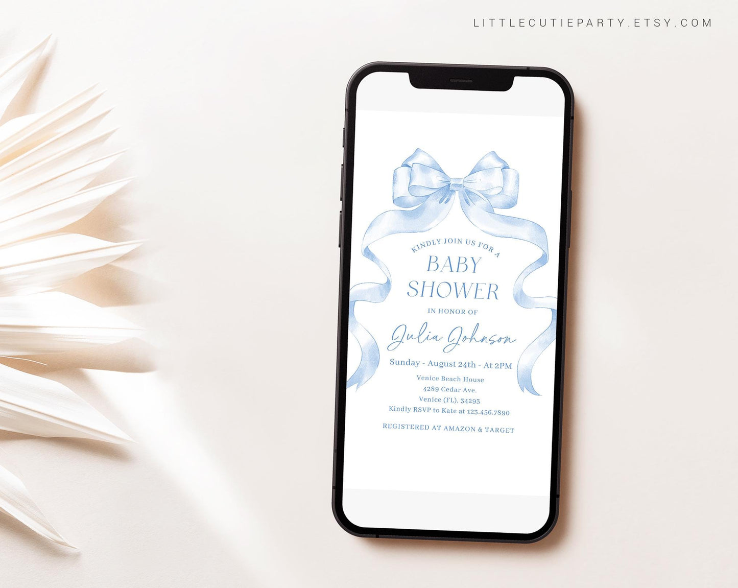 Editable Blue Bow Baby Shower Invite, Blue Ribbon Baby Shower Invite, Baby Shower Digital Invitation Evite for Baby Boy Party BBWBS001