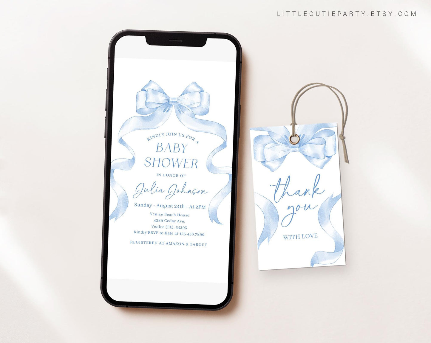 Editable Blue Bow Baby Shower Invite, Blue Ribbon Baby Shower Invite, Baby Shower Digital Invitation Evite for Baby Boy Party BBWBS001