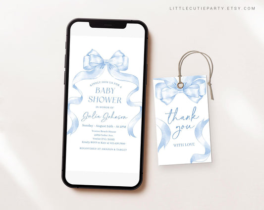 Editable Blue Bow Baby Shower Invite, Blue Ribbon Baby Shower Invite, Baby Shower Digital Invitation Evite for Baby Boy Party BBWBS001