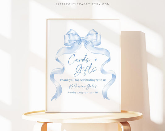 Editable Blue Bow Baby Shower Sign, Custom Sign Template for Baby Shower Party with Blue Ribbon Baby Shower Theme BBWBS001