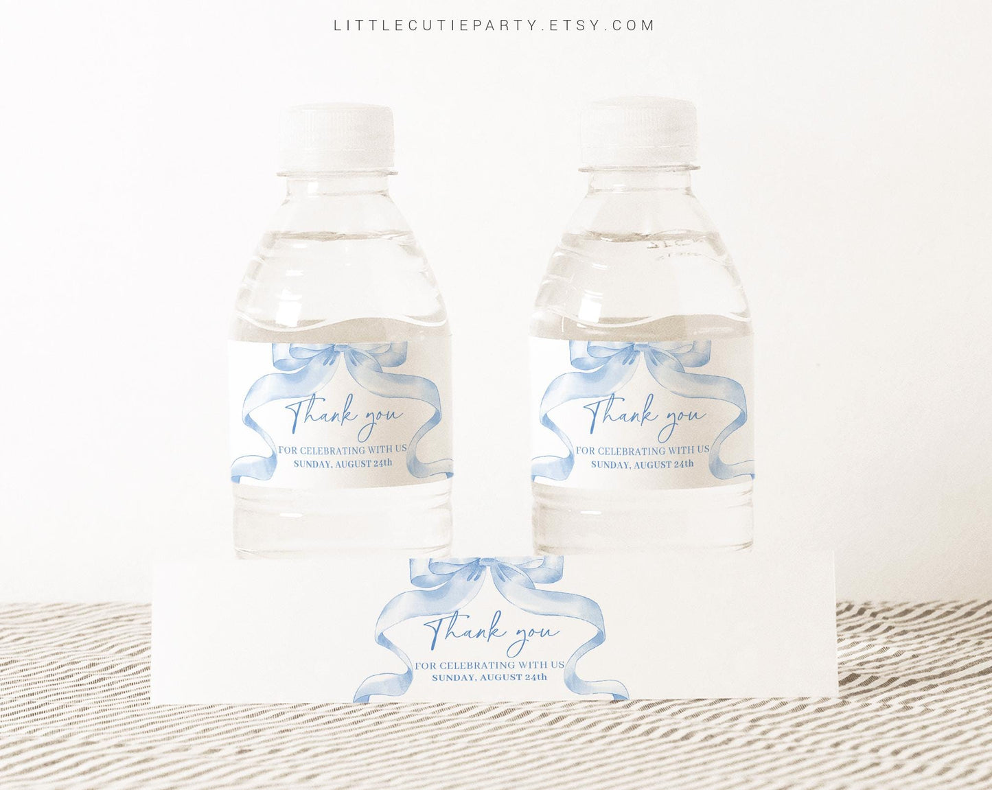 Editable Blue Bow Baby Shower Water Bottle Labels, Bottle Label for Blue Ribbon Baby Shower Theme Decorations BBWBS001