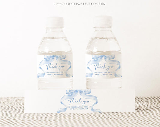 Editable Blue Bow Baby Shower Water Bottle Labels, Bottle Label for Blue Ribbon Baby Shower Theme Decorations BBWBS001