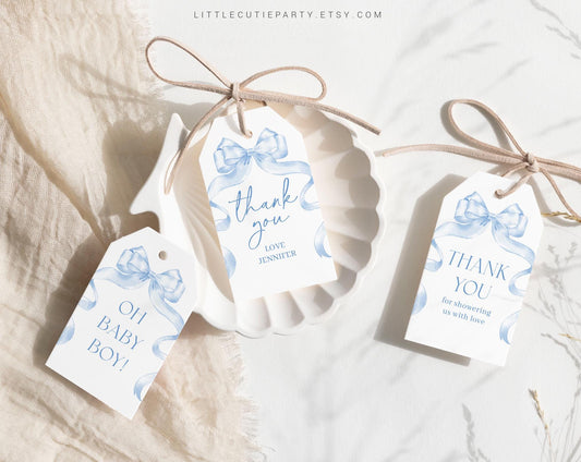 Editable Blue Bow Baby Shower Favor, Thank You Favor Tag, Thank you Tags, Gift Tag for Blue Ribbon Baby Shower Decorations BBWBS001