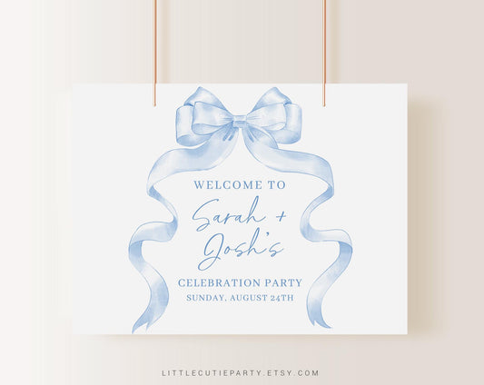 Editable Blue Ribbon Baby Shower Backdrop, Blue Bow Baby Shower Banner, Shower Sign for Baby Boy Banner Welcome Sign BBWBS001