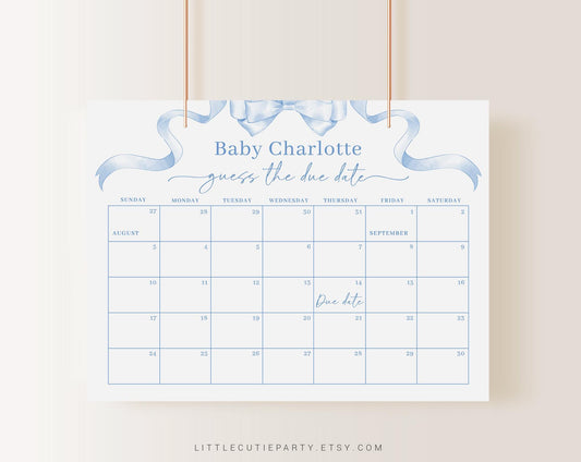 Editable Blue Bow Baby Shower Due Date Calendar, Blue Ribbon Baby Shower Calendar Games for Boy Baby Shower BBWBS001
