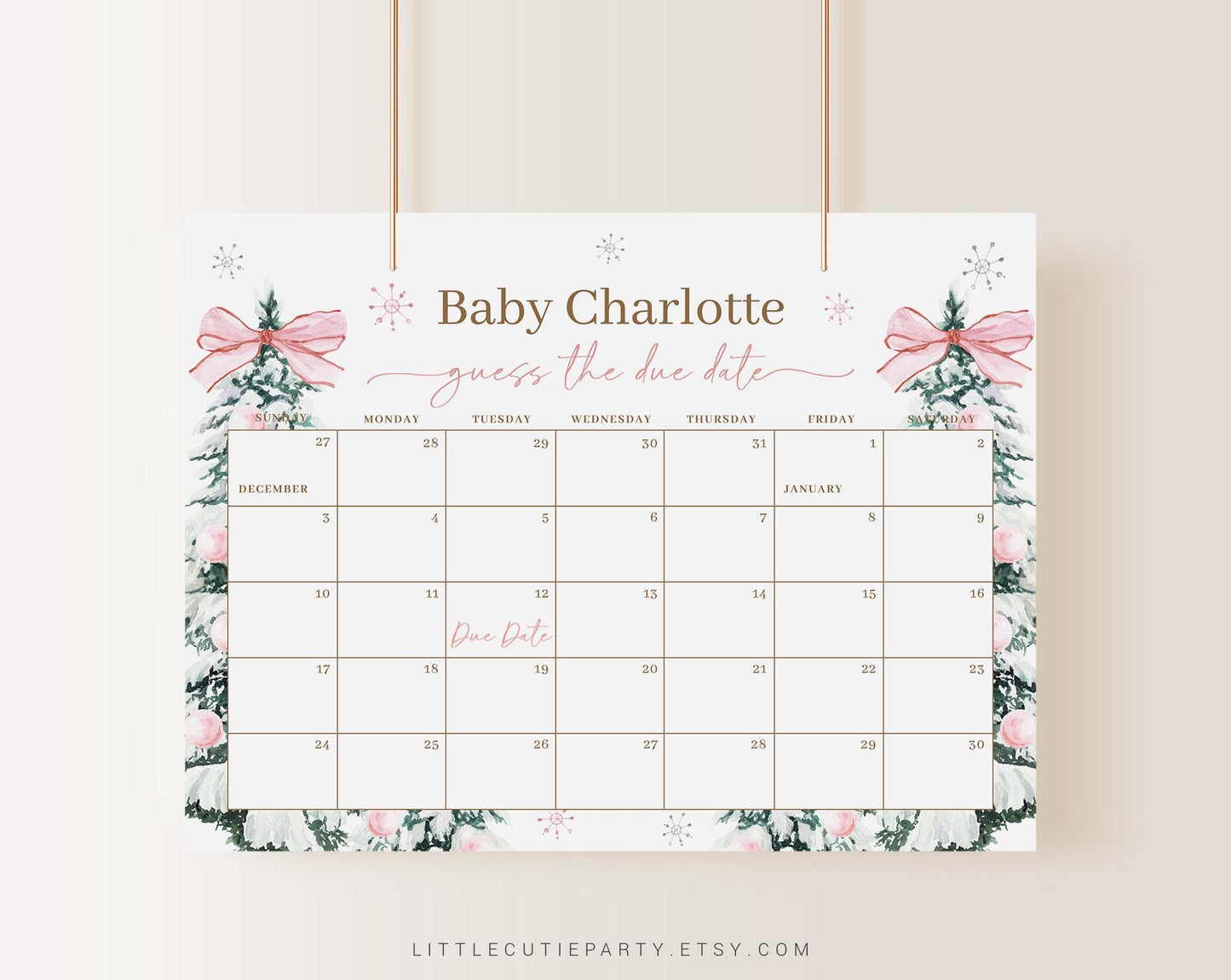 Editable Baby Its Cold Outside Pink Baby Shower Due Date Calendar, Winter Pink Baby Shower Calendar Games for Girl Baby Shower PWINBS001