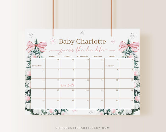 Editable Baby Its Cold Outside Pink Baby Shower Due Date Calendar, Winter Pink Baby Shower Calendar Games for Girl Baby Shower PWINBS001