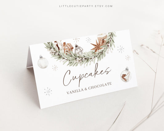 Editable A Merry Little Food Labels, Food Tent cards, Folded Food Cards for Cozy Winter Baby Shower Decorations Theme MRYBS002