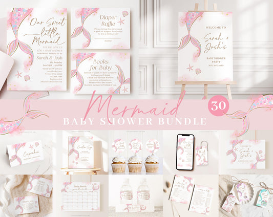Editable Mermaid Baby Shower Invitation Bundle, Mermaid Bundle, Mermaid Baby Shower Invitation Set with Games Bundle and Decor MRMBS001