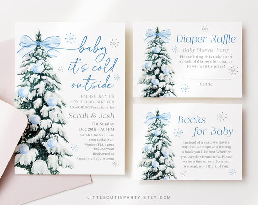 Editable Baby Its Cold Outside Boy Baby Shower Invitation, Winter Boy Baby Shower with Diaper Raffle, Books for Baby and Tag BWINBS001