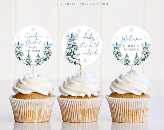 Editable Baby Its Cold Outside Blue Cake Toppers, Winter Boy Baby Shower Cupcake Toppers, Baby Shower Cake Topper, Cake Topper BWINBS001