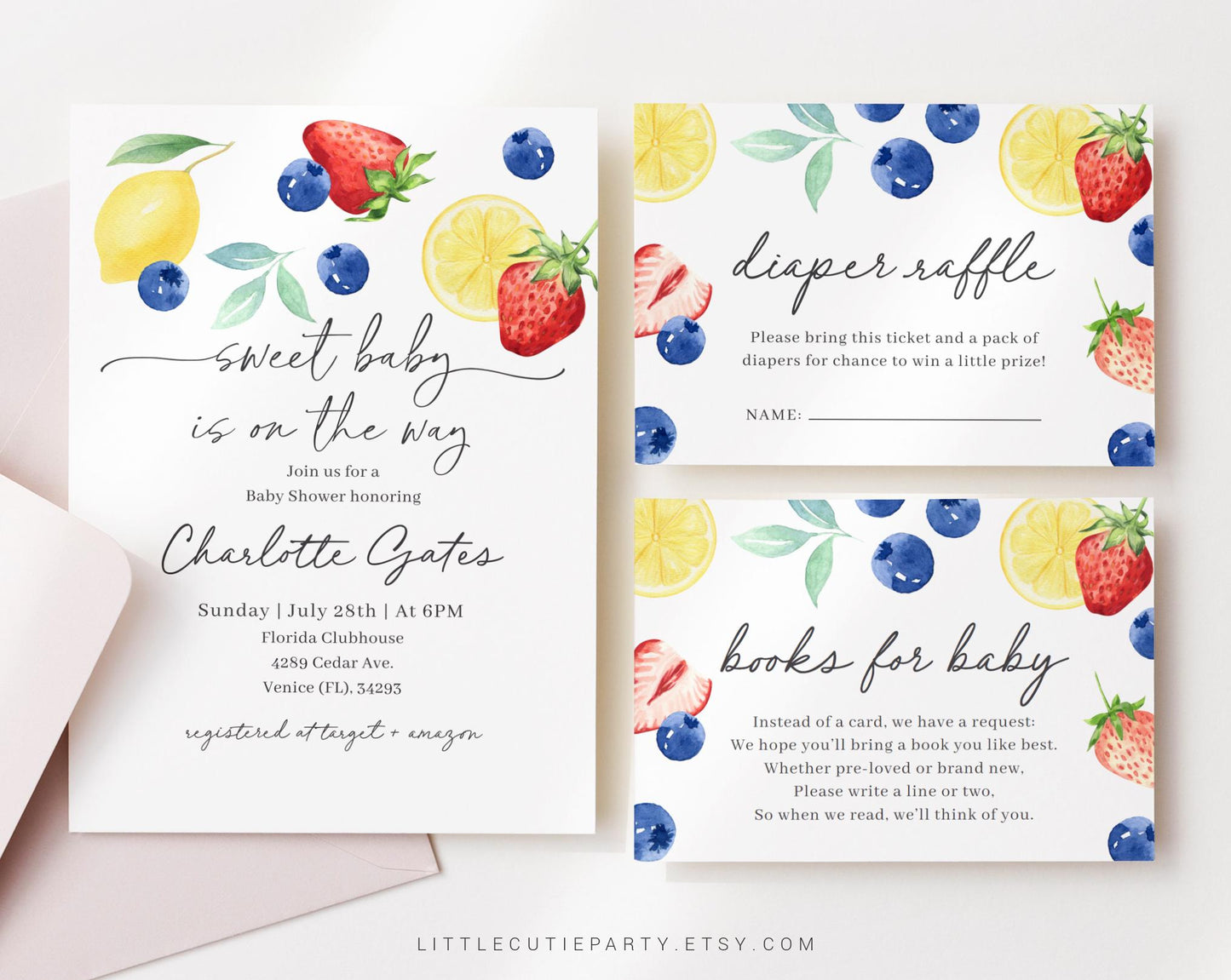 Editable Blueberry Lemon Strawberry Baby Shower Invitation, Berry Sweet Baby Shower with Diaper Raffle, Books for Baby and Tag BLEMBS002