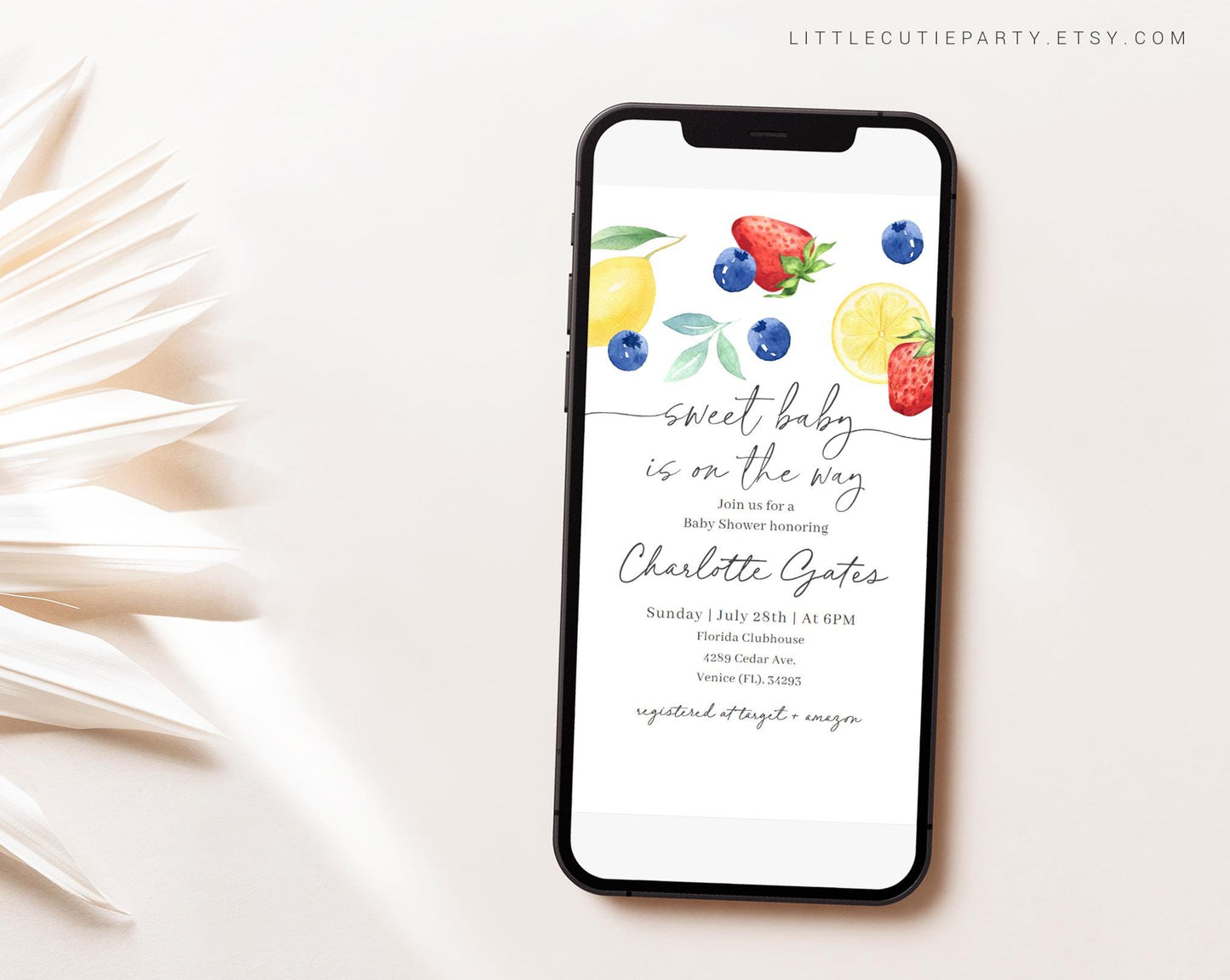 Editable Blueberry Lemon Strawberry Baby Shower Invite, Berry Sweet Shower Evite, Digital Invitation, Gender Neutral Baby Shower BLEMBS002