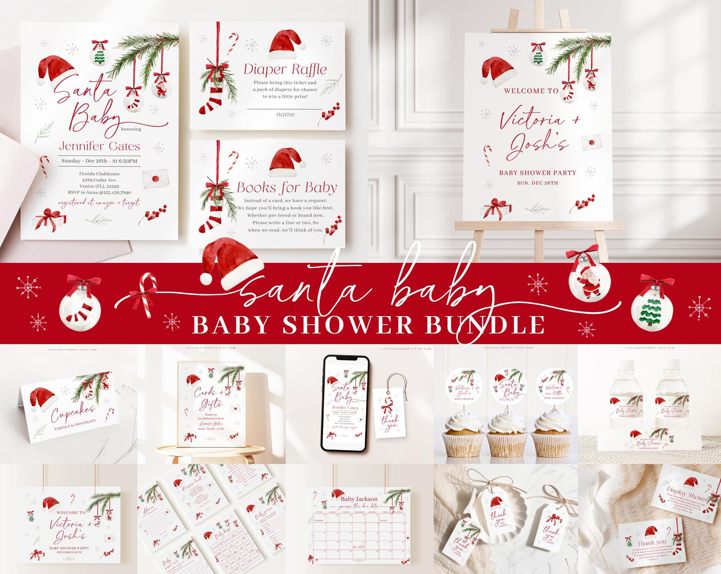 Editable Santa Baby Shower Invitation Bundle, Christmas Baby Shower Bundle Set with Games Bundle and Baby Shower Decorations SNTBS002