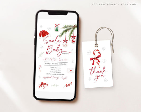 Editable Santa Baby Shower Invite, Winter Baby Shower Invite, Christmas Baby Shower Digital Invitation Evite SNTBS002