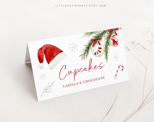 Editable Christmas Food Labels, Food Tent cards, Folded Food Cards for Santa Baby Shower Decorations Theme SNTBS002