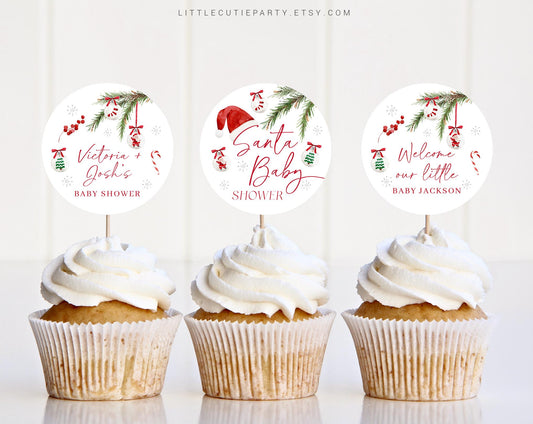 Editable Christmas Baby Cake Toppers, Santa Baby Shower Cupcake Toppers, Baby Shower Cake Topper, Cake Topper Decorations SNTBS002