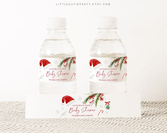 Editable Christmas Baby Shower Water Bottle Labels, Bottle Label for Santa Baby Shower Theme Decorations SNTBS002