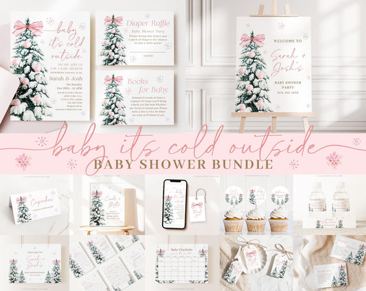 Editable Baby Its Cold Outside Pink Baby Shower Invitation Bundle, Girl Winter Baby Shower Bundle Set with Games Bundle and Decor PWINBS001