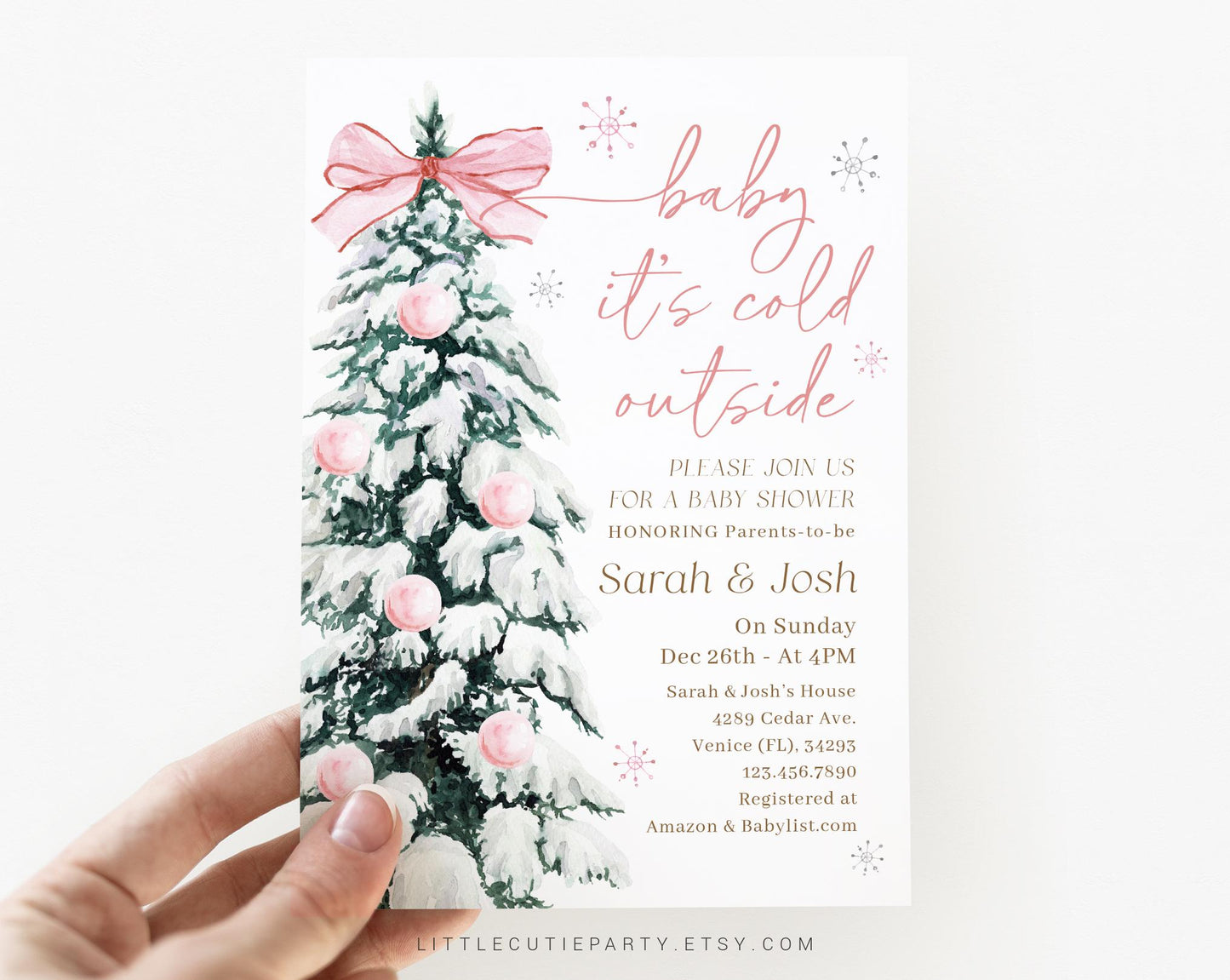 Editable Baby Its Cold Outside Pink Baby Shower Invitation, Baby Its Cold Outside Girl with Diaper Raffle, Books for Baby and Tag PWINBS001