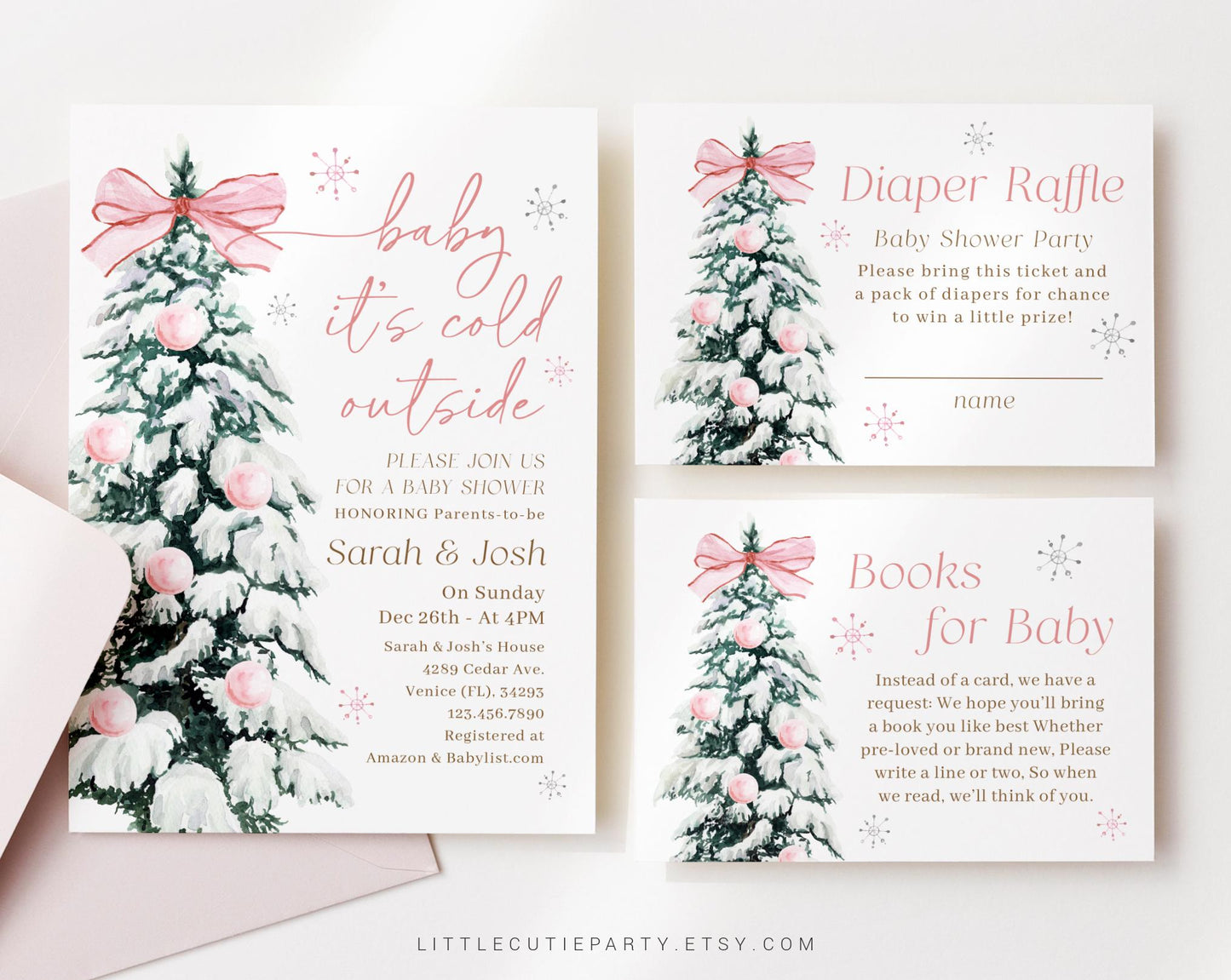 Editable Baby Its Cold Outside Pink Baby Shower Invitation, Baby Its Cold Outside Girl with Diaper Raffle, Books for Baby and Tag PWINBS001