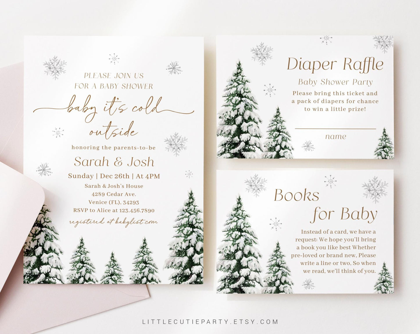 Editable Baby Its Cold Outside Baby Shower Invitation, Snowflake Baby Shower Winter with Diaper Raffle, Books for Baby and Gift Tag WINBS002