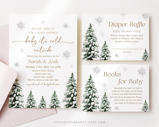 Editable Baby Its Cold Outside Baby Shower Invitation, Snowflake Baby Shower Winter with Diaper Raffle, Books for Baby and Gift Tag WINBS002