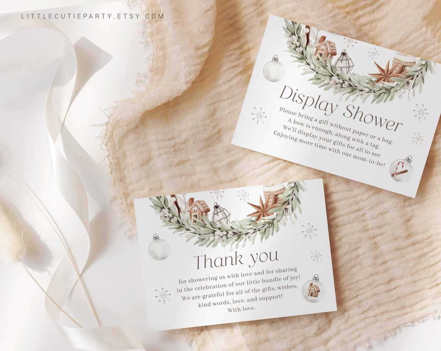 Editable A Merry Little Baby Shower Thank you Card, Cozy Winter Baby Shower Display Card for Retro Christmas Baby Shower Decor MRYBS002