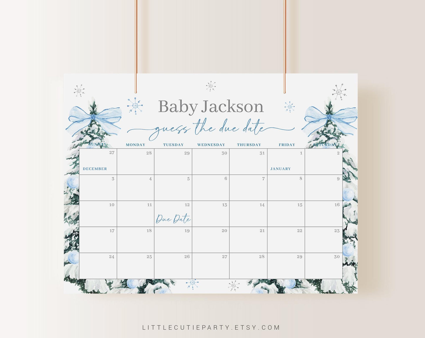 Editable Baby Its Cold Outside Blue Baby Shower Due Date Calendar, Winter Boy Baby Shower Calendar Games for Boy Baby Shower BWINBS001