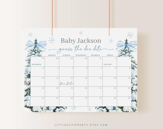Editable Baby Its Cold Outside Blue Baby Shower Due Date Calendar, Winter Boy Baby Shower Calendar Games for Boy Baby Shower BWINBS001