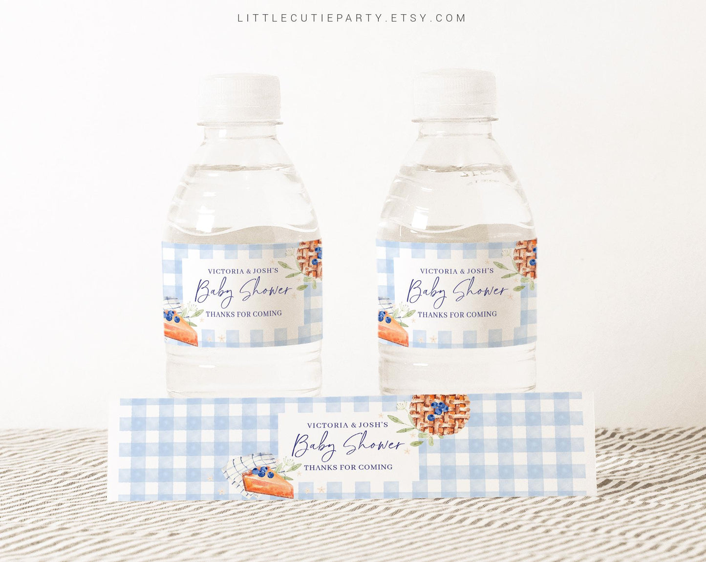 Editable Blue Cutie Pie Baby Shower Water Bottle Labels, Bottle Label for Thanksgiving Baby Shower Theme Decorations CTPBS002