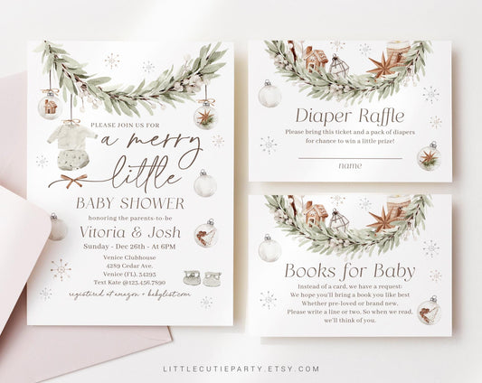 Editable A Merry Little Baby Shower Invitation, Retro Christmas Baby Shower with Diaper Raffle, Books for Baby and Tag MRYBS002