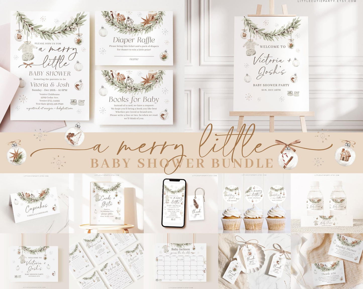 Editable A Merry Little Baby Shower Invitation Bundle, Retro Christmas Baby Shower Bundle Set with Games Bundle and Shower Decor MRYBS002